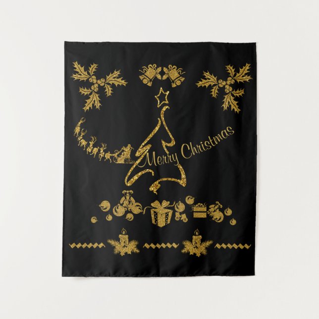 Tapiz Purpurina de oro Feliz Navidad, Santa Claus (Anverso)