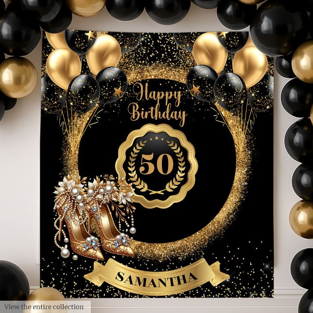 Tapiz Purpurina Oro de tacones altos 50 Rótulo de cumple (Glitter Gold High Heels 50th Birthday Sign Tapestry)