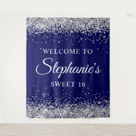 Tapiz Purpurina plateado y azul marino bienvenidos a la 