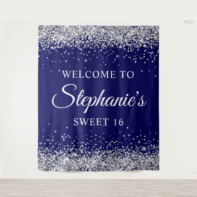 Tapiz Purpurina plateado y azul marino bienvenidos a la  (Anverso)