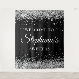 Tapiz Purpurina plateado y negro bienvenido al dulce 16