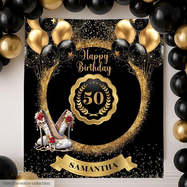Tapiz Purpurina Rojo de Oro Negro 50 Rótulo del partido  (Black Gold Red Glitter 50th Birthday Party Sign)
