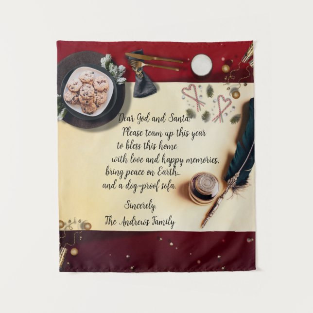 Tapiz Querido Dios y Santa Nota Roja Pluma de Navidad (Anverso)