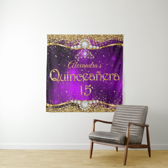 Tapiz Quinceanera 15th Birthday Purple Gold Confetti (In situ)