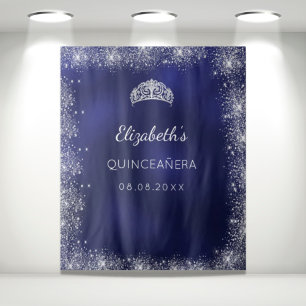 Tapiz Quinceañera azul marino purpurina plateada