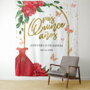 Tapiz Quinceanera Butterflys Red Gown Backups