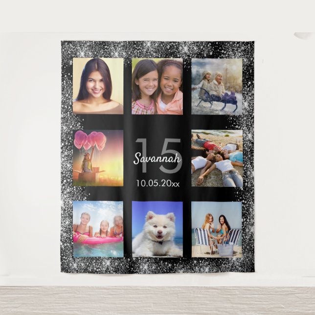 Tapiz Quinceañera collage de fotos con brillo negro plat (Anverso)