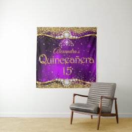 Tapiz Quinceañera Cumpleaños 15 Morado Dorado Confeti