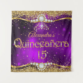 Tapiz Quinceañera Cumpleaños 15 Morado Dorado Confeti