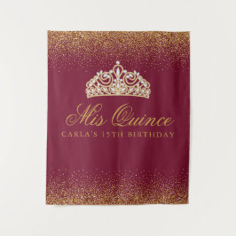 Tapiz Quinceañera de brillo burgundy y dorado