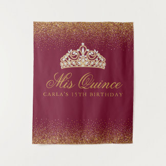 Tapiz Quinceañera de brillo burgundy y dorado