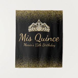 Tapiz Quinceañera de brillo negro y dorado