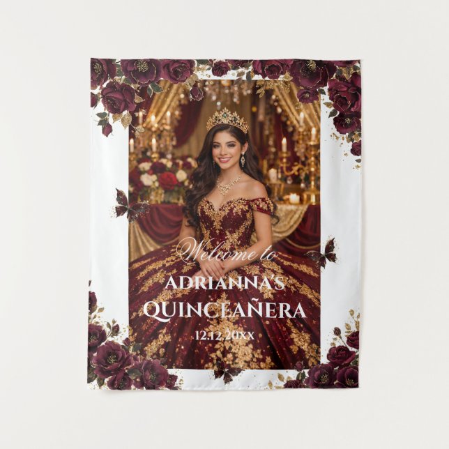 Tapiz Quinceañera Emerald Gold Burgundy Roses Princess (Anverso)