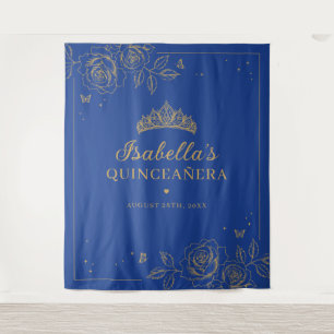 Tapiz Quinceañera Floral Azul Real y Dorado