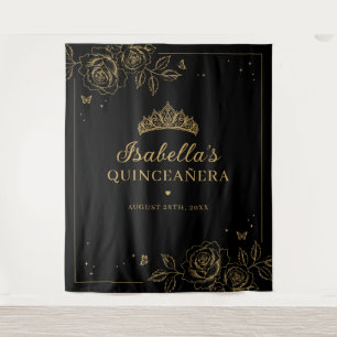 Tapiz Quinceañera floral negra y dorada