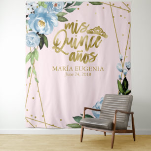 Tapiz Quinceañera Fondo Floral Rosa Azul con Hojalata Do