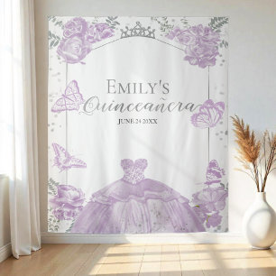 Tapiz Quinceanera Fondo Lavanda Vestido Plata Floral