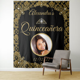 Tapiz Quinceañera Foto Tiara de Damasco Negro Oro Cumple
