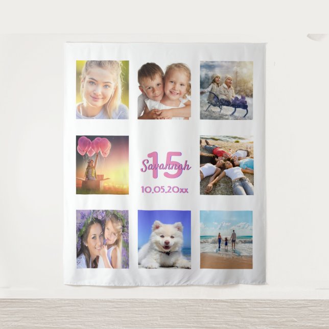 Tapiz Quinceañera rosa blanco nombre del collage de foto (Anverso)