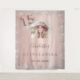 Tapiz Quinceañera rosa oro foto brillo plateado