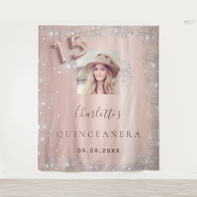 Tapiz Quinceañera rosa oro foto brillo plateado (Anverso)