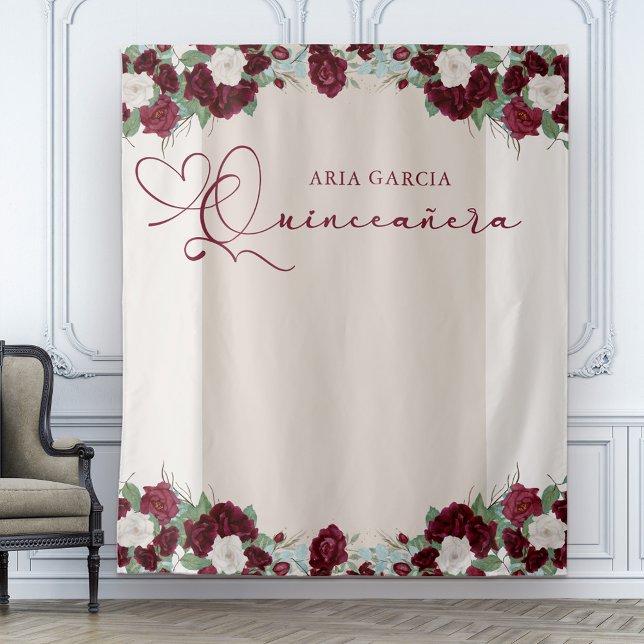 Tapiz Quinceanera Royal Rosa Burgundy Floral Roja (Floral Quinceanera backdrop with burgundy red and ivory roses)