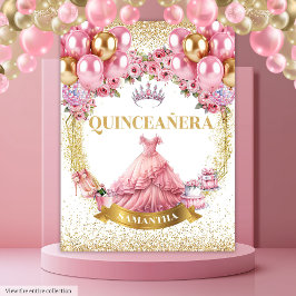 Tapiz Quinceañera Wall Tapestry Vestido Rosa Oro Tiara