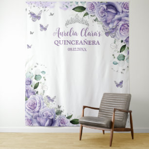 Tapiz Quinceañera XV 16 Rosas Purpúreas Flores Mariposas