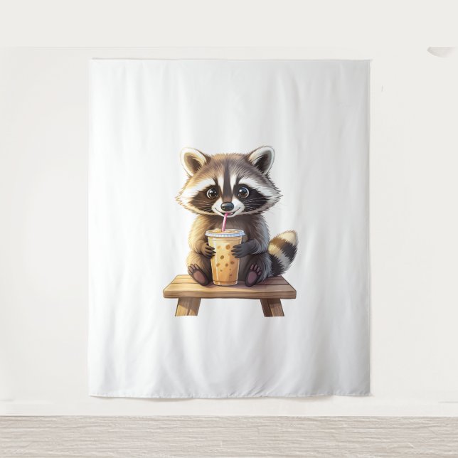 Tapiz Raccoon Drinking Iced Coffee (Anverso)