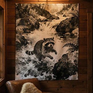 Tapiz Raccoon Stream Tapestry | Forest Wildlife Art