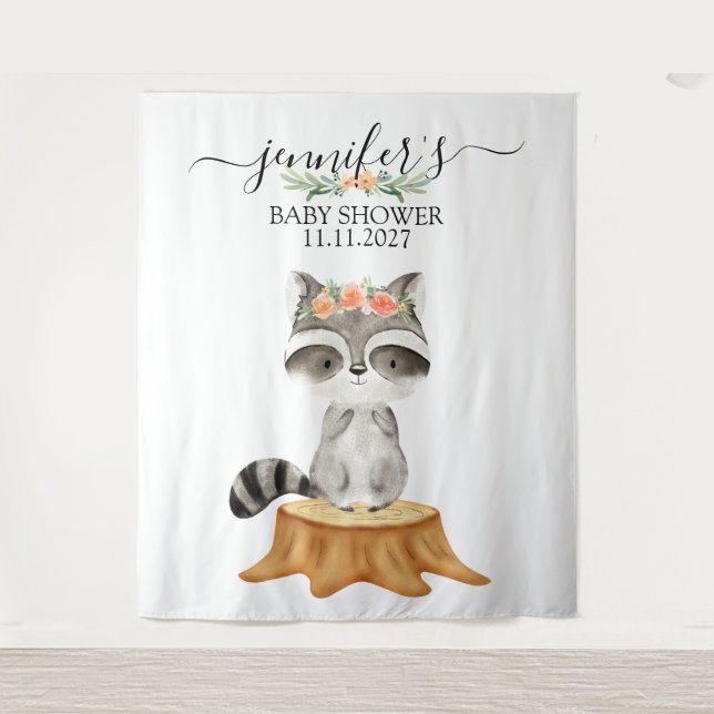 Tapiz Raccoon Woodland Animals Baby Shower backdrop (Anverso)