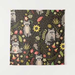 Tapiz Raccoons Funny Patrón de Ilustracion Vintage