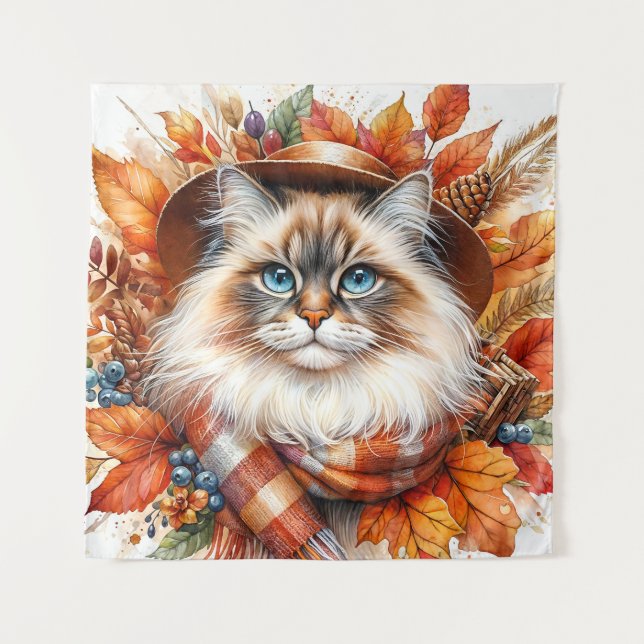 Tapiz Ragdoll Cat En Otoño Con Scarf (Anverso)