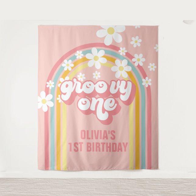 Tapiz Rainbow Retro Groovy Un primer cumpleaños (Anverso)