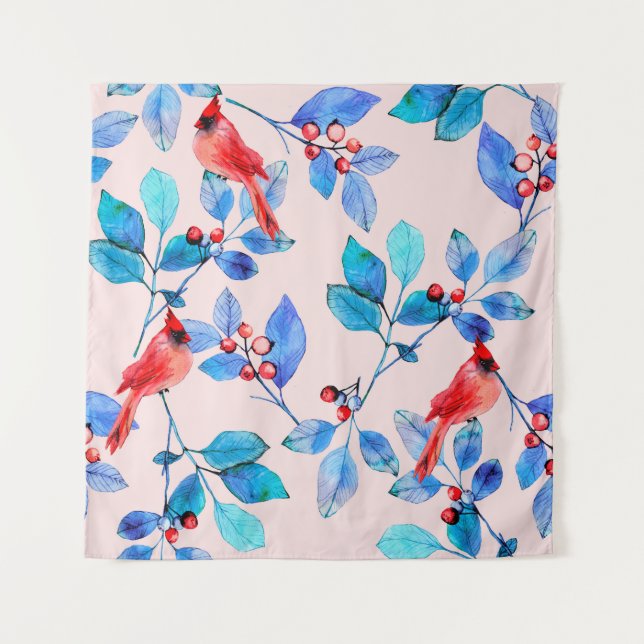 Tapiz Rama con bayas y aves acuarela ilustrador (Anverso)