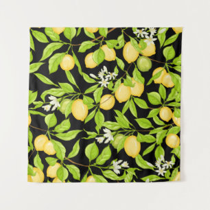 Tapiz Rama de limón con limones, flores y hojas.