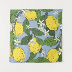 Tapiz Ramas de limón: Ilustracion azul vintage