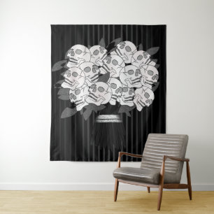 Tapiz Ramo de Rosas de Cráneos Negro y Blanco