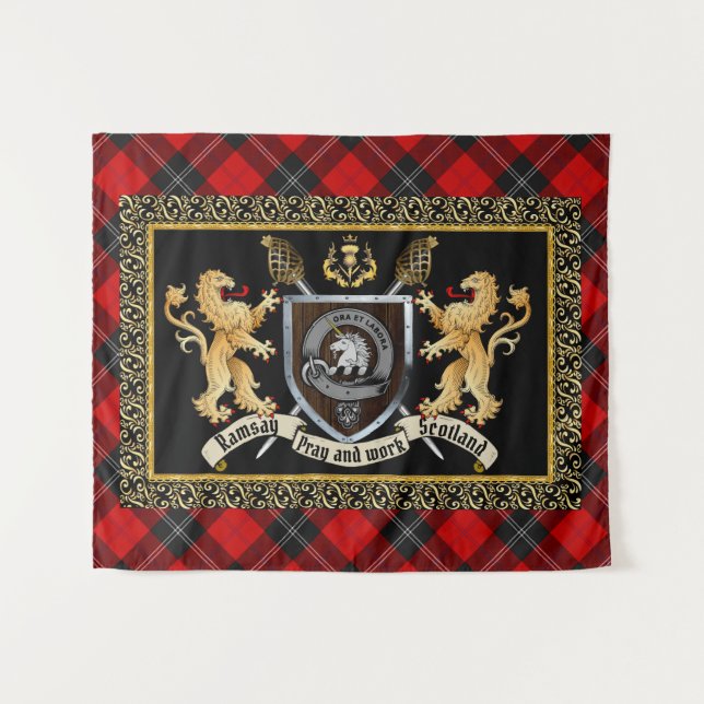 Tapiz Ramsay Clan Badge & Motto con Leones (Anverso (horizontal))