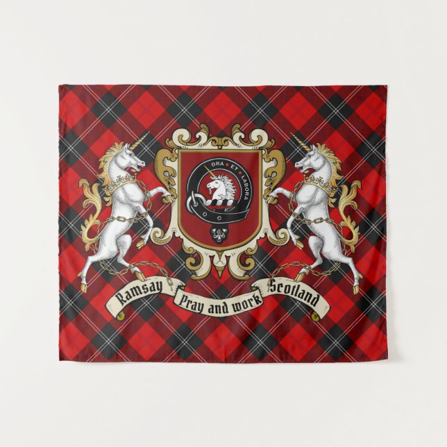 Tapiz Ramsay Clan Badge & Unicorns con Tartán (Anverso (horizontal))