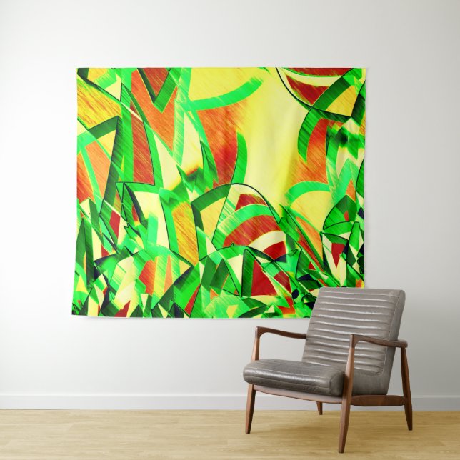 Tapiz Rasgos verdes sobre la imagen roja con llovizna (In situ (horizontal))