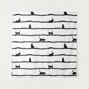 Tapiz Rayas de silueta de gato Patrón dibujado a mano ab