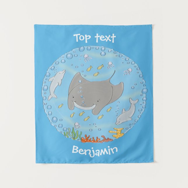 Tapiz Rayo de manta y burbujas ilustracion personalizado (Anverso)