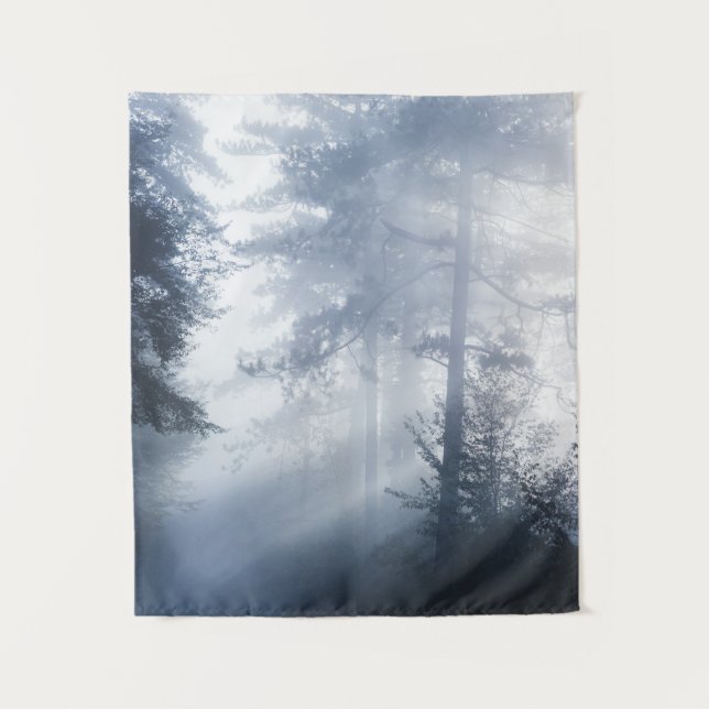 Tapiz Rayos solares brillando a través del bosque nublad (Anverso)