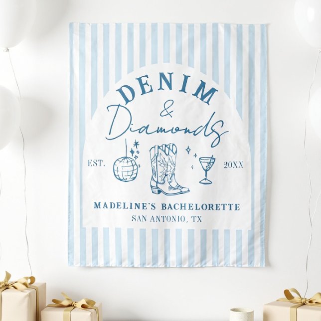 Tapiz Recorte de fondo de bachillerato de denim y diaman (denim diamonds bachelorette backdrop photo booth hand drawn cowgirl blue white stripes)