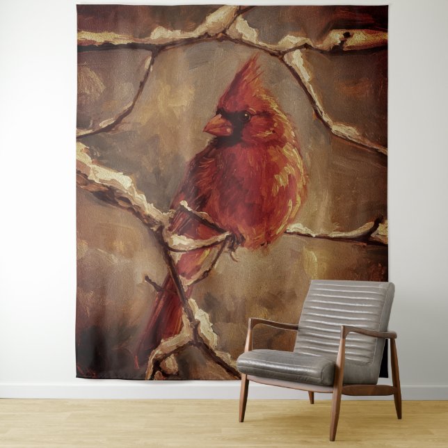Tapiz Red Cardinal Bird Oil Painting – Winter Branch (In situ)