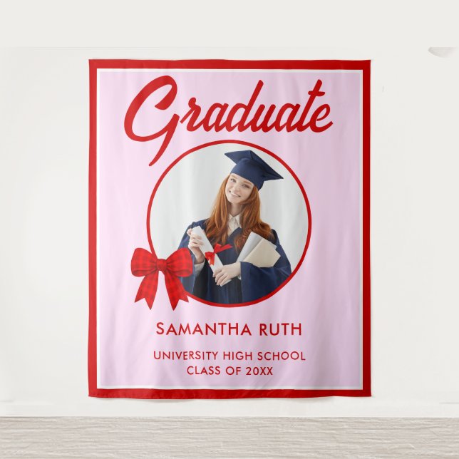 Tapiz Red Gingham Bow Photo Graduation Backdrop (Anverso)
