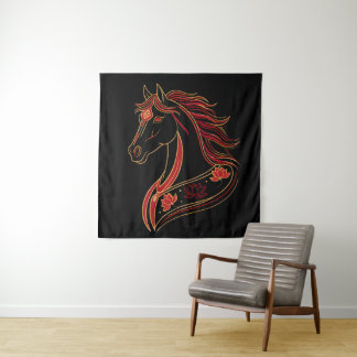 Tapiz Red & Gold Horse with Lotus, Spiritual Symbolic 