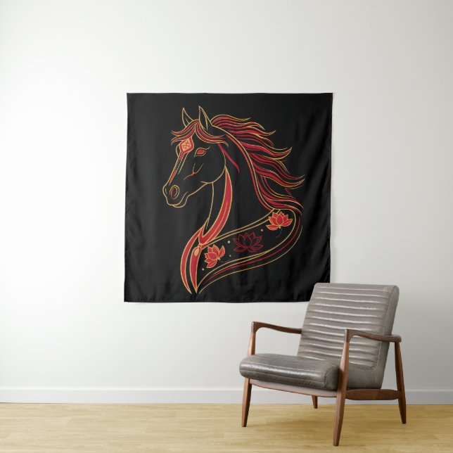 Tapiz Red & Gold Horse with Lotus, Spiritual Symbolic  (In situ)
