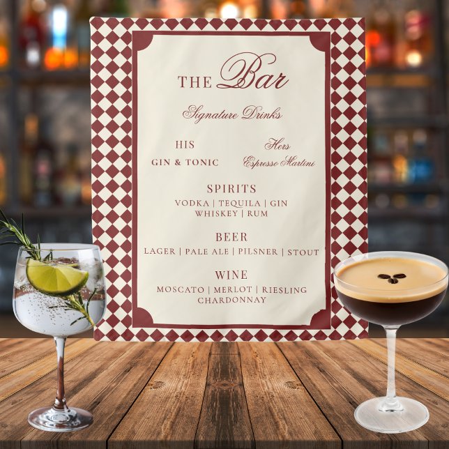 Tapiz Red & Ivory Checks Old Money Wedding Bar Menu Sign (Subido por el creador)